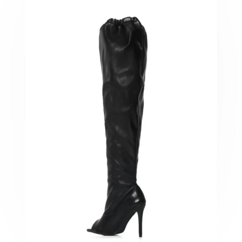 AZALEA WANG Black Leather Open Toe Slouchy Thigh Boots